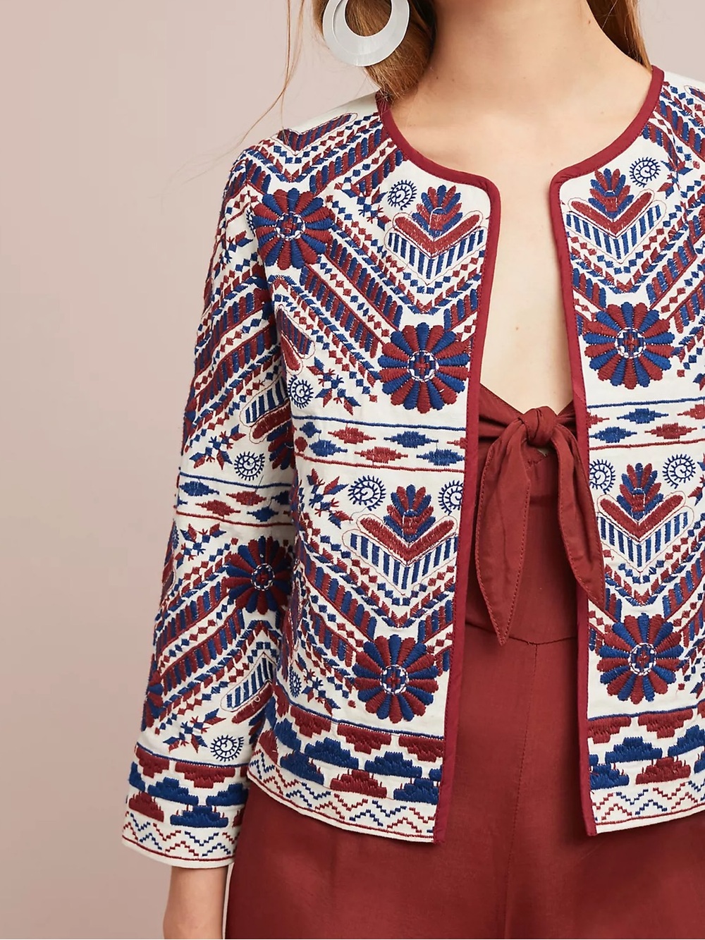 Anthropologie ivory maroon blue embroidered Greenwich jacket Women’s size M NWT
